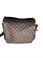 Multi-Brown Checkered Leather Messenger Bag