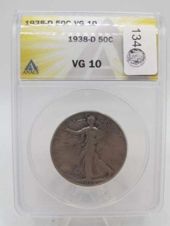 1938-D 50C WALKING LIBERTY HALF ANACS VG10