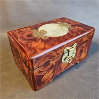 Jewelry Box w/Carved Shell Asian Inlay & Brass