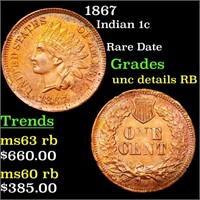 1867 Indian Cent 1c Grades Unc Detais RB