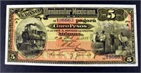 1914 $5 Pesos El Banco Peninsular Mexicano