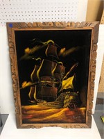 Vtg 1970s Black Velvet Ship Painting in wood frame