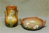 Roseville Brown Iris Console Bowl and Vase.