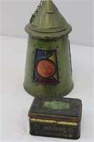 Early 1900s tall lantern biscuit tin &JD cards tin