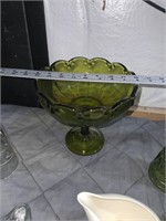 vintage green glass large compote