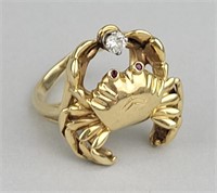 14K Gold & Diamond Crab Ring.