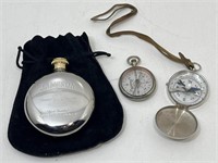 Jameson Whiskey Pocket Flask and 2 Vtg Compasses