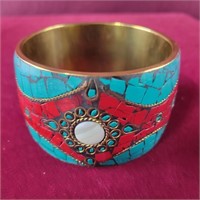 Turquoise and Red Coral Bangle Bracelet