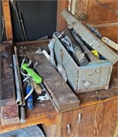 TOOL BOX W/ WOOD LEVELS & OTHER TOOLS