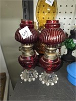 Pair of Red Hobnail Glass Miniature Oil Lamps