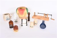 Vtg Apple Peeler, Jar; Blue Bonnet Pottery Pitcher