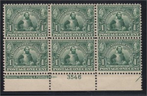 US Stamps #328 Mint Block of Six with imprint and