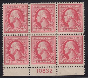 US Stamps #526 Mint H Plate Block of 6, CV $240