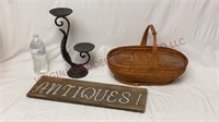 Antiques! Sign, Cast Iron Candle Holder & Basket