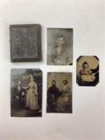 Tintype photos 4, 4x2 with partial wooden frame.