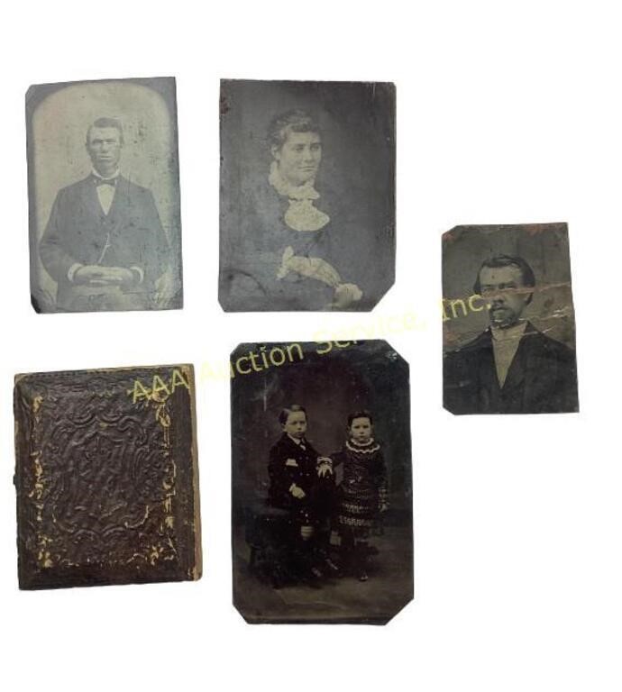 Tintype photos 4, 4x2 with partial wooden frame.