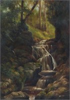 ILLEGIBLY SIGNED FOREST WATERFALL PAINTING