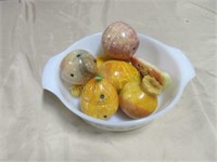 Fireking dish filled with heavy stone fruit