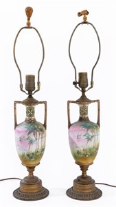 Art Nouveau Hand-painted Porcelain Lamps, Pair
