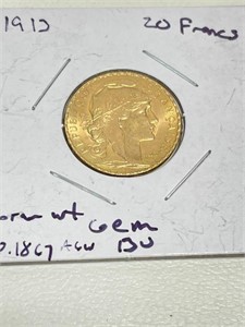 1913 France Gold 20 Francs .1867 oz AGW BU