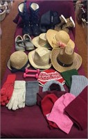 Straw hats, snow boots/shoes, scarves, hats,