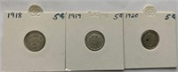 3 Canadian .5c Coins-Years-1918,1919,1920