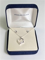 18" Sterling CZ Heart Necklace/Stud Earring Set