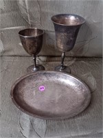 Silver Plate Two Goblets - One Double Handled tray