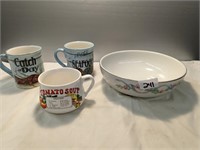 4 Pc Dish Lot- Hall's Bowl, 2 Mugs, 1 Soup Mug
