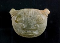 Chinese Green Jade Carved Archaistic Face Pendant