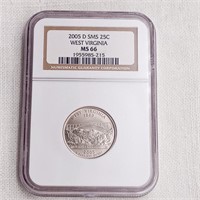 2005 D SMS 25 Cent W VA NGC MS66