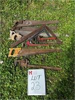 Handsaws, Squares, & Pipe Wrenches (sold as a lot)