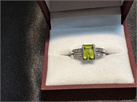 925 Silver Ring with Green Stone and CZ SZ 6.5