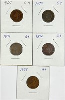 (5) Indian Head Cent Lot 1865,1890,1891,1892,1893