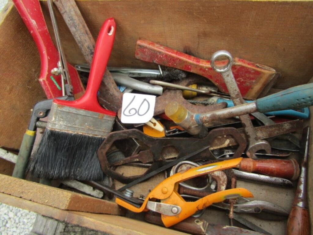 BOX FULL OF VINTAGE TOOLS, PAINT BRUSHES, MORE