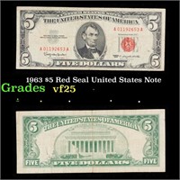 1963 $5 Red Seal United States Note Grades vf+