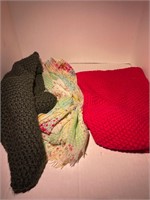 lot of 3 scarves two thick red & green, multicolor
