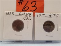 1863 Civil War Style Token, 1817 Admit Coin