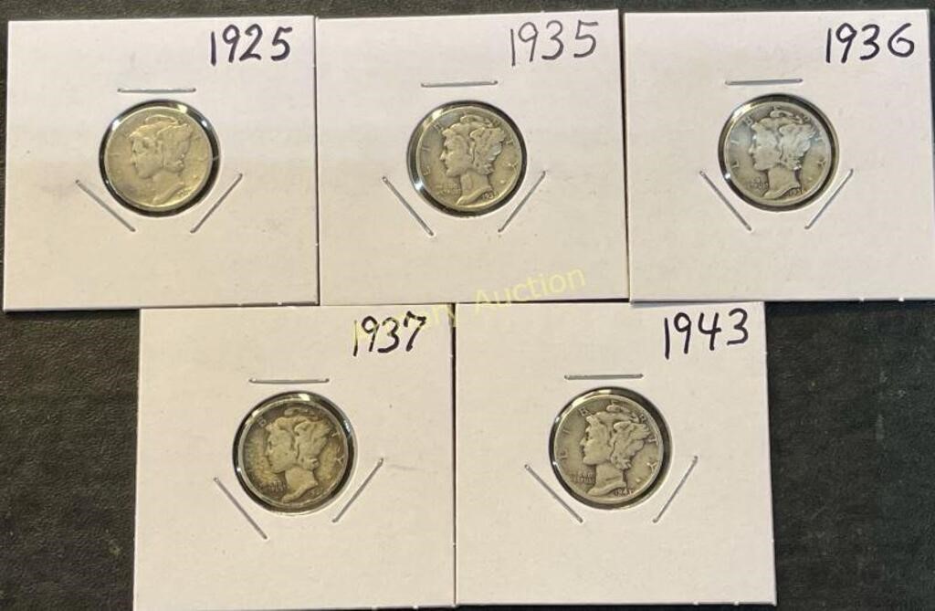 5 SILVER MERCURY DIMES