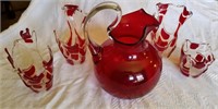 5pcs of Ruby red art glass & Red pitcher