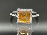 Sterling Silver Ring Large 1.5ct Citrine Halo