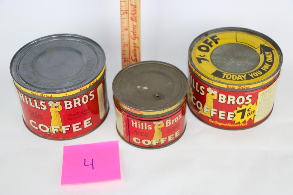 3 Vintage Hills Bros Coffee Cans with Lids