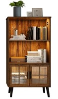 LVSOMT 3 Shelf Bookcase with LED Lights, Brown - U