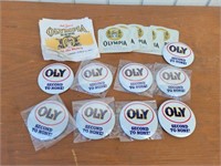 Olympia Beer Pins, Napkins & Stickers