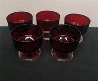 Five vintage ruby red glass dessert dishes