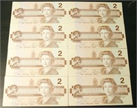 Lot of 8 Consecutive 1986 Bank of Canada $2 Bank N