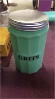Modern jadeite canister marked GRITS approx 7.25