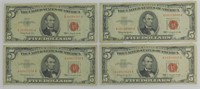 (4) 1963 $5 Red Seal Legal Tender U.S. Notes