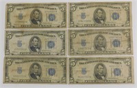 (6) 1934 $5 U.S. Silver Certificates
