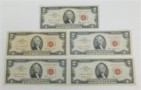 (5) 1963 $2 Red Seal Legal Tender U.S. Notes